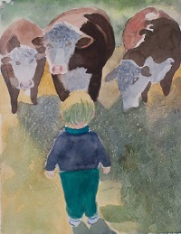 Painting - Girl With Cows. By Ruth Friberg, Maine artist.