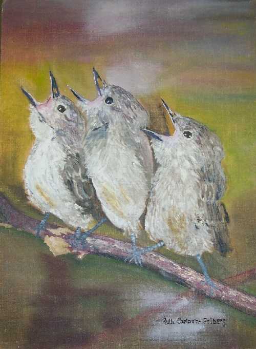 Painting - "Three Birds on a Branch", by Ruth Friberg, Maine artist.