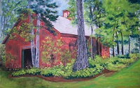 Red Barn in Woods by Ruth Friberg, Maine artist
