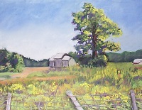 Painting - "Farm Buildings in Pasture", by Ruth Friberg, Maine artist.