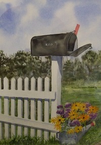 Farm Mail Box painting by Ruth Friberg, Maine artist