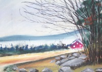 Painting - "Farmhouse in Distance", by Ruth Friberg, Maine artist