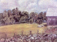Painting - "Stone Wall and Barn", by Ruth Friberg, Maine artist.