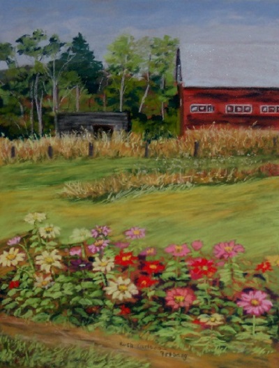 Painting - "Zinnia Patch", by Ruth Friberg, Maine artist.
