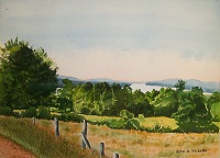 Painting "Field and Lake", by Ruth Friberg, Maine artist.