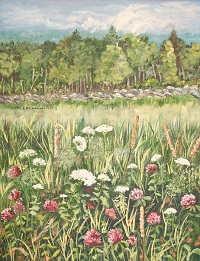 Painting "Flowers, Field, and Stone Wall", by Ruth Friberg, Maine artist.