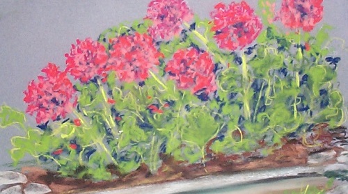 Painting - "Flowers Red", by Ruth Friberg, Maine artist.