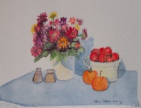 Painting - "Flowers Tomatos and Pumpkins", by Ruth Friberg, Maine artist.