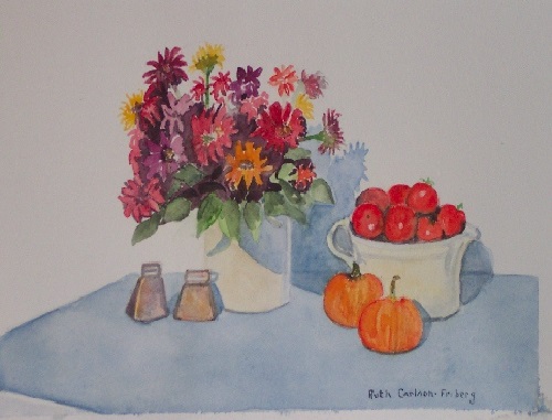 Painting - "Flowers Tomatos and Pumpkins", by Ruth Friberg, Maine artist.