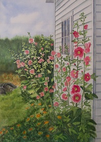 Painting - "Hollyhocks Along House", by Ruth Friberg, Maine artist