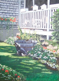 Painting - Wooden Water Bucket and Flowers