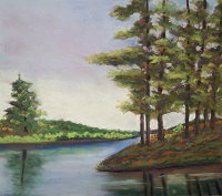 Pines Overlooking Lake, painting by Ruth Friberg, Maine artist.