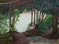 Sitting by the Pond. Painting by Ruth Friberg, Maine artist.