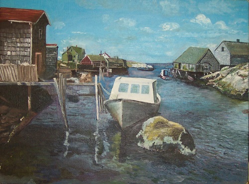 Painting - "Boat in Harbor", by Ruth Friberg, Maine artist.