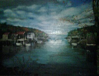 Painting - "Small Harbor in Darkness" by Ruth Friberg, Maine artist.