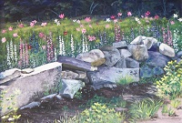 Painting - "Flowerly Stone Wall", by Ruth Friberg, Maine artist.