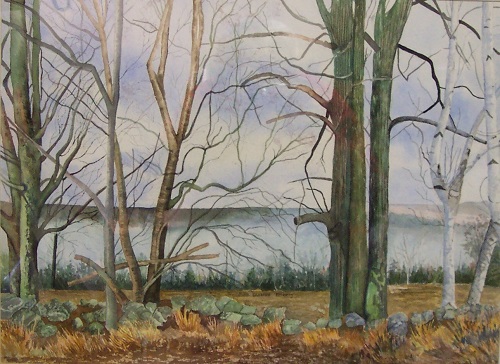 Painting - "Stone Wall on a Foggy Fall Day" by Ruth Friberg, Maine artist.