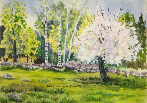 Painting - "Stone Wall and Tree", by Ruth Friberg, Maine artist.