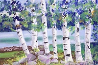 Painting - "Birches and Rock" by Ruth Friberg, Maine artist.
