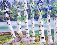 Painting - "Birch Trees Along Stone Wall", by Ruth Friberg, Maine artist.